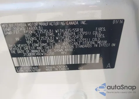 2014 Toyota Rav4 Limited from USA, damaged, VIN 2T3DFREV6EW142350